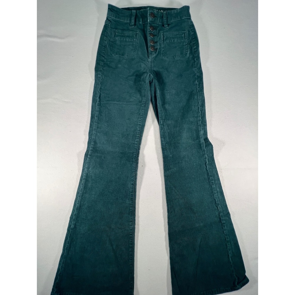 American Eagle Super Hi-Rise Flare Corduroy Pants Teal Green Size 00 Button Fly - Picture 3 of 9